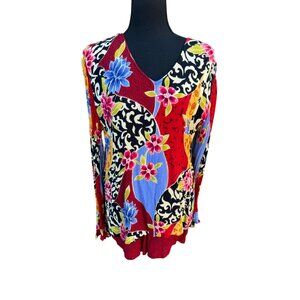 A. Grace Atsy Floral Patchwork Tunic Top L Bright Multicolor Asymmetrical Boho
